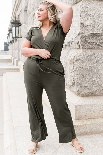 Picture of Plus Size Jumpsuit Green Drawstring Straight Leg Wrap V Neck